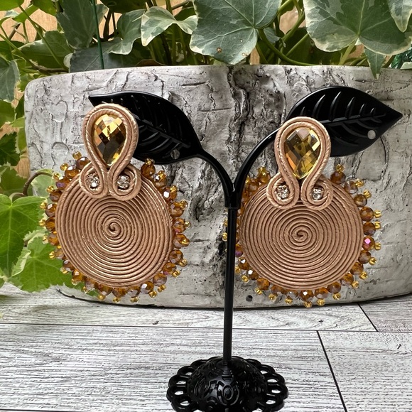Round Gold Statement Soutache Earrings - Elegant Glam Evening Earrings - Picture 7 of 7